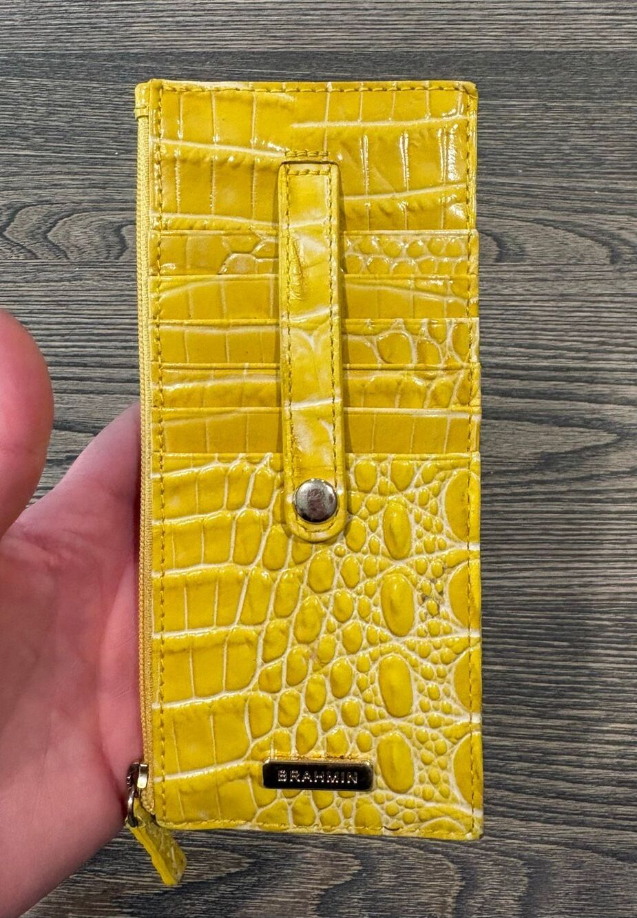 Brahmin Womens Wallet Card Case Zip Pocket Embossed Leather Yellow One Size